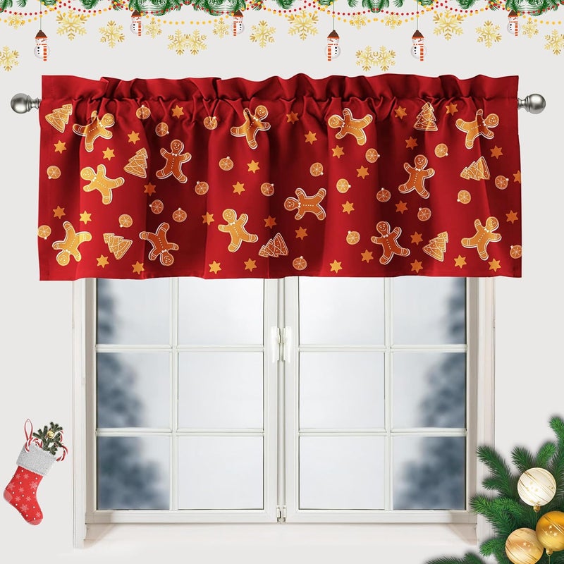 SUNWISHA Christmas Curtain Valances Set 52x18'' - Lively Gingerbread Men/Trees/Stars - Holiday Inspired Character Decor - Rod Pocket Kitchen/Bathroom/Laundry Winter Valances Red - Image 1
